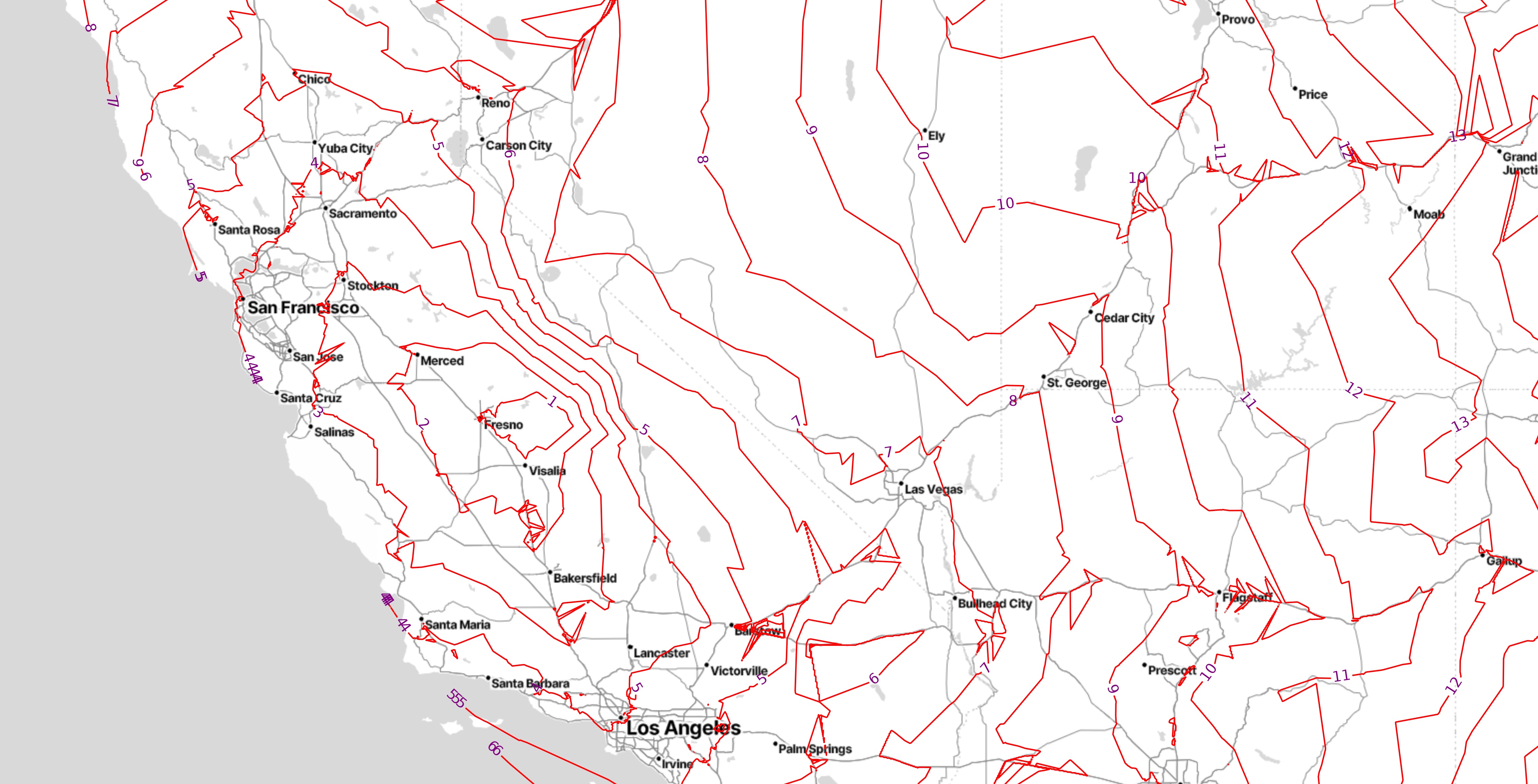 Isochrone map from the Central Valley, showing sparse contour lines to the west and dense lines to the east